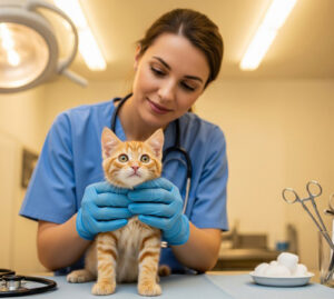 veterinaria curando a un gato