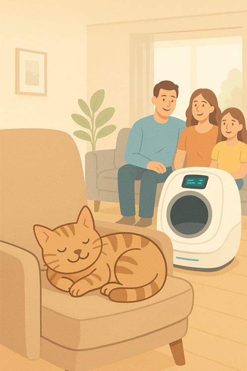 Gato feliz con su arenero automático