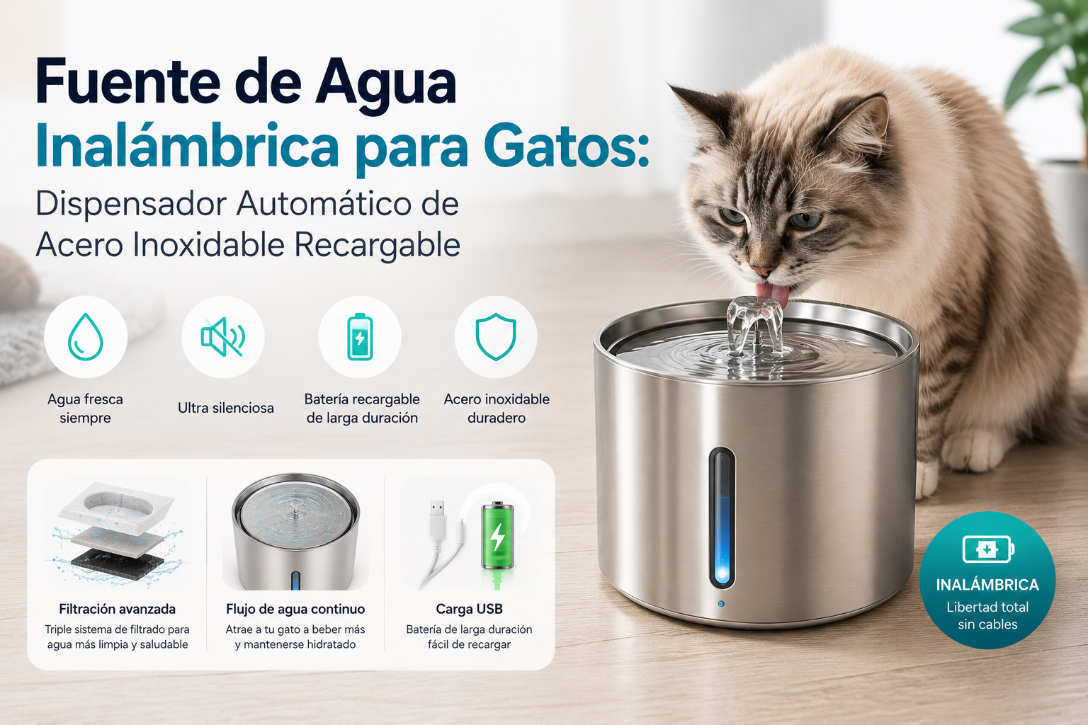 Fuente de agua inalámbrica para gatos