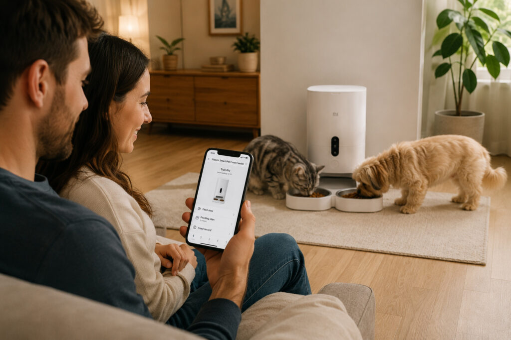 pareja mirando el móvil y controlando comedero inteligente para mascotas